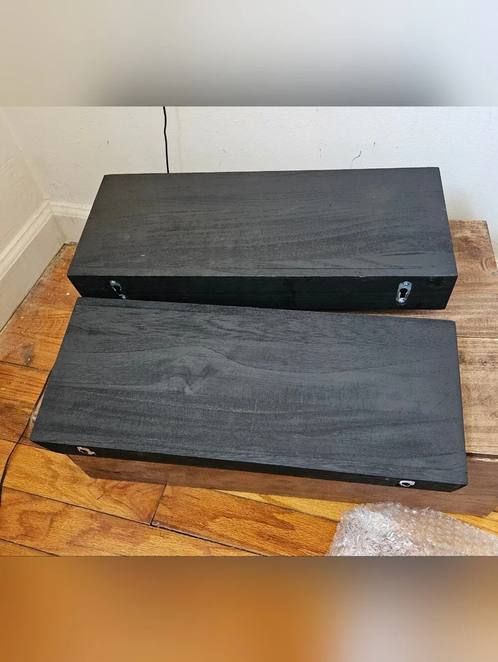 2 Black wood floating shelves nib picture ledge style, featuring a distinct fron